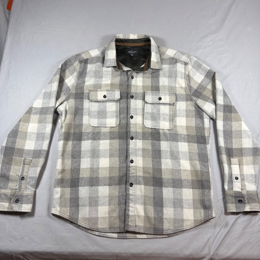 Jeremiah American Legacy Mens Medium Grey White Plaid Wool Blend Flannel Shirt